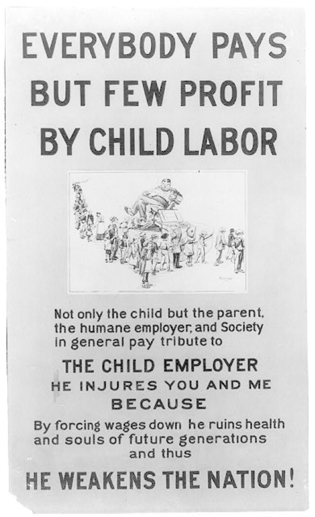 Schwarzes und weißes Poster mit dem Text "Jeder zahlt, aber wenige profitieren von Kinderarbeit" zeigt eine Gruppe von Menschen, die gegen Kinderarbeit in den Vereinigten Staaten kämpft.