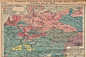 Plakat mit einer 1618-Karte von Mitteleuropa, die die religiöse Situation zeigt und mit detailliertem Text annotiert ist.