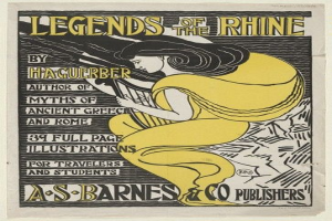 Eine Frau in einem langen, wallenden Kleid spielt ein Musikinstrument vor einem hellgelben Hintergrund, mit der Aufschrift "Legenden des Rheins von Haguerber" oben, in einem vintage-Poster mit einem gedämpften Farbpalette.