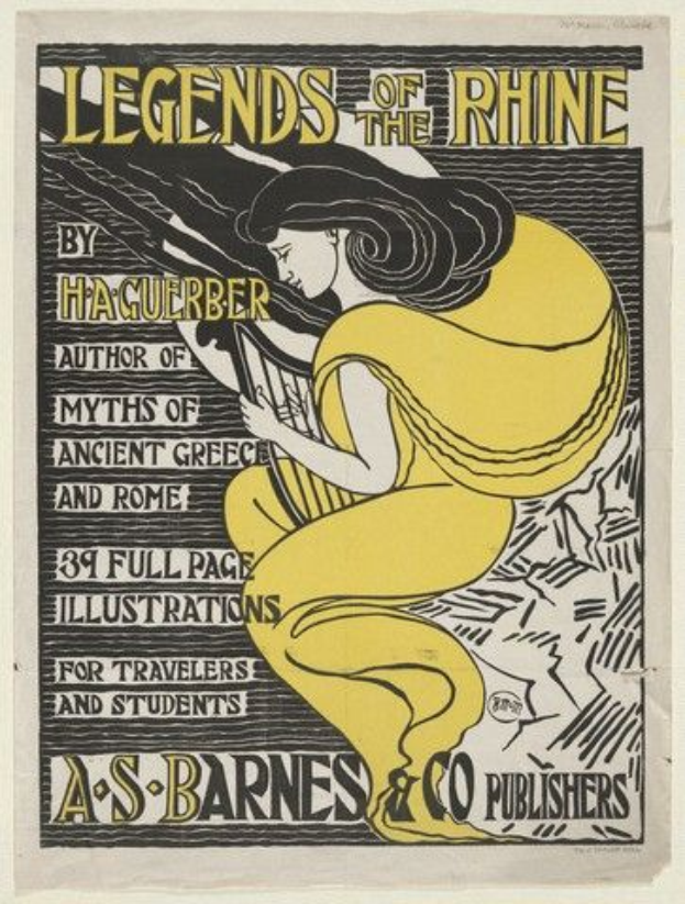 Eine Frau in einem langen, wallenden Kleid spielt ein Musikinstrument vor einem hellgelben Hintergrund, mit der Aufschrift "Legenden des Rheins von Haguerber" oben, in einem vintage-Poster mit einem gedämpften Farbpalette.