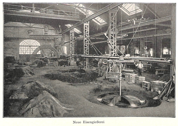 Schwarz-weiß-Foto einer Fabrik mit Arbeitern, die Maschinen bedienen, umgeben von Metallstangen und -pfählen, beschriftet mit "Neue Eisenglebeerei, die erste Fabrik Deutschlands."
