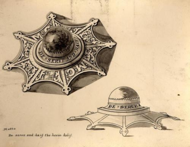 Eine Zeichnung eines Polizeisterns auf Papier, der ein Schild mit einem Stern, einen Lorbeerkranz und eine Krone zeigt, beschriftet mit "Polizeistern".