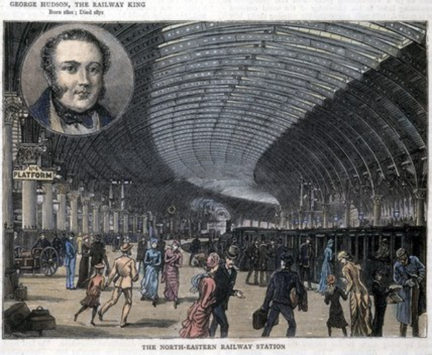 Gravur eines 19. Jahrhundert Bahnhofs mit Menschen, Säulen, einem Karren und eingravierten Porträts von George Hudson (oben) und Text (unten).