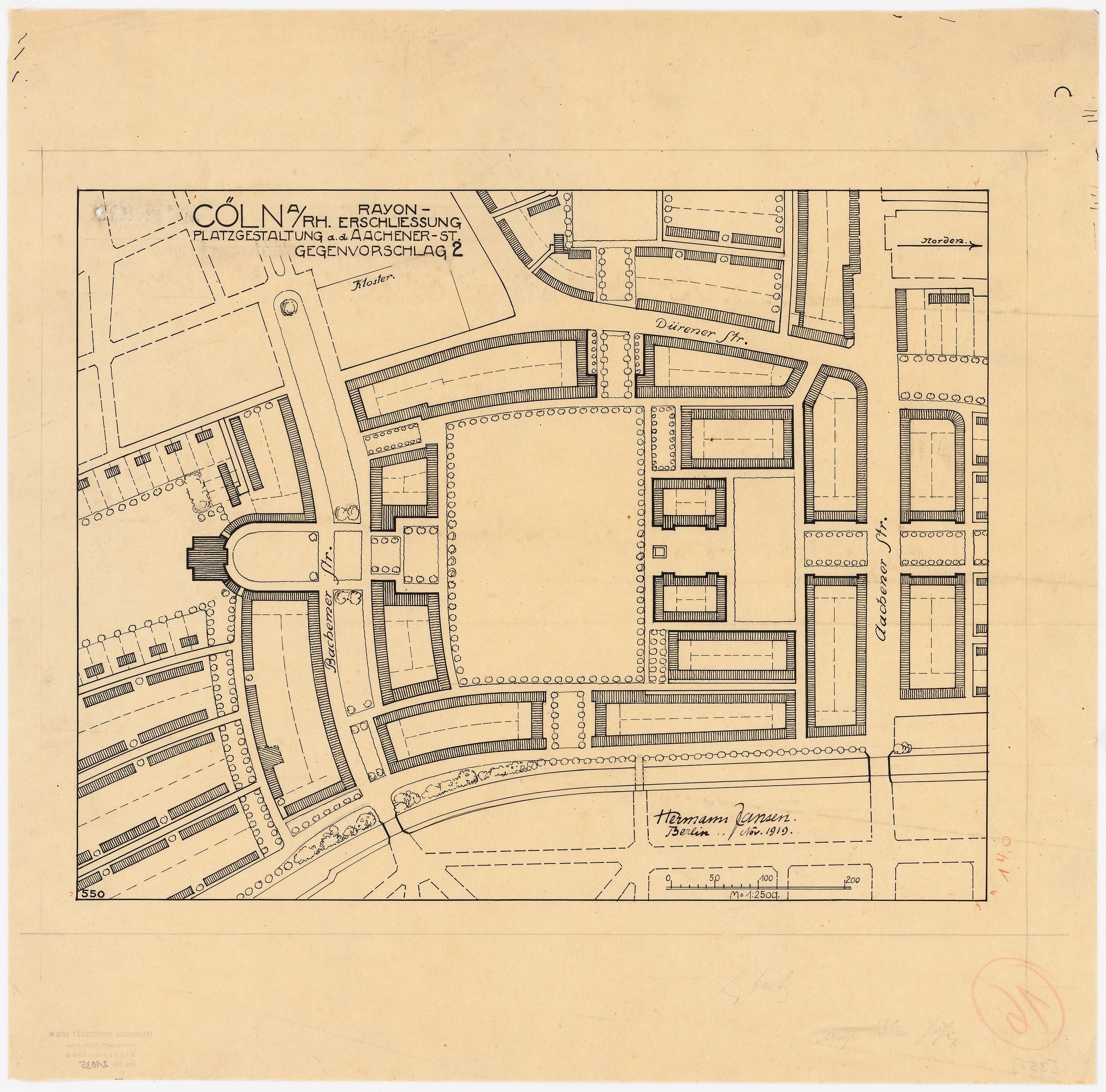 Alte Karte von Köln, Deutschland, die einen detaillierten Gebäudelayoutplan mit handgeschriebenen Textanmerkungen auf altem Papier zeigt.