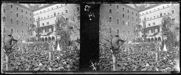 Ein Schwarz-Weiß-Foto einer großen Menge, die vor einem mehrstöckigen Gebäude mit Fenstern, Bäumen und Fahnen protestiert, einige halten Schilder und Banner.