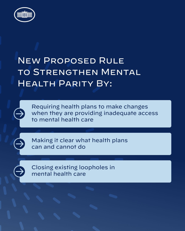 Ein blauer Hintergrund mit weißer Schrift, die eine neue vorgeschlagene Regel zur Stärkung der psychischen Gesundheit umreißen, und ein weißer Kreis mit einem blauen Umriss-Logo.