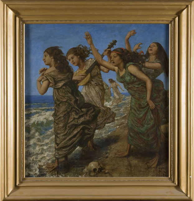 Gemälde einer Gruppe von Frauen am Strand, eine hält ein Musikinstrument, gerahmt in einem klassischen Photo-Rahmen.