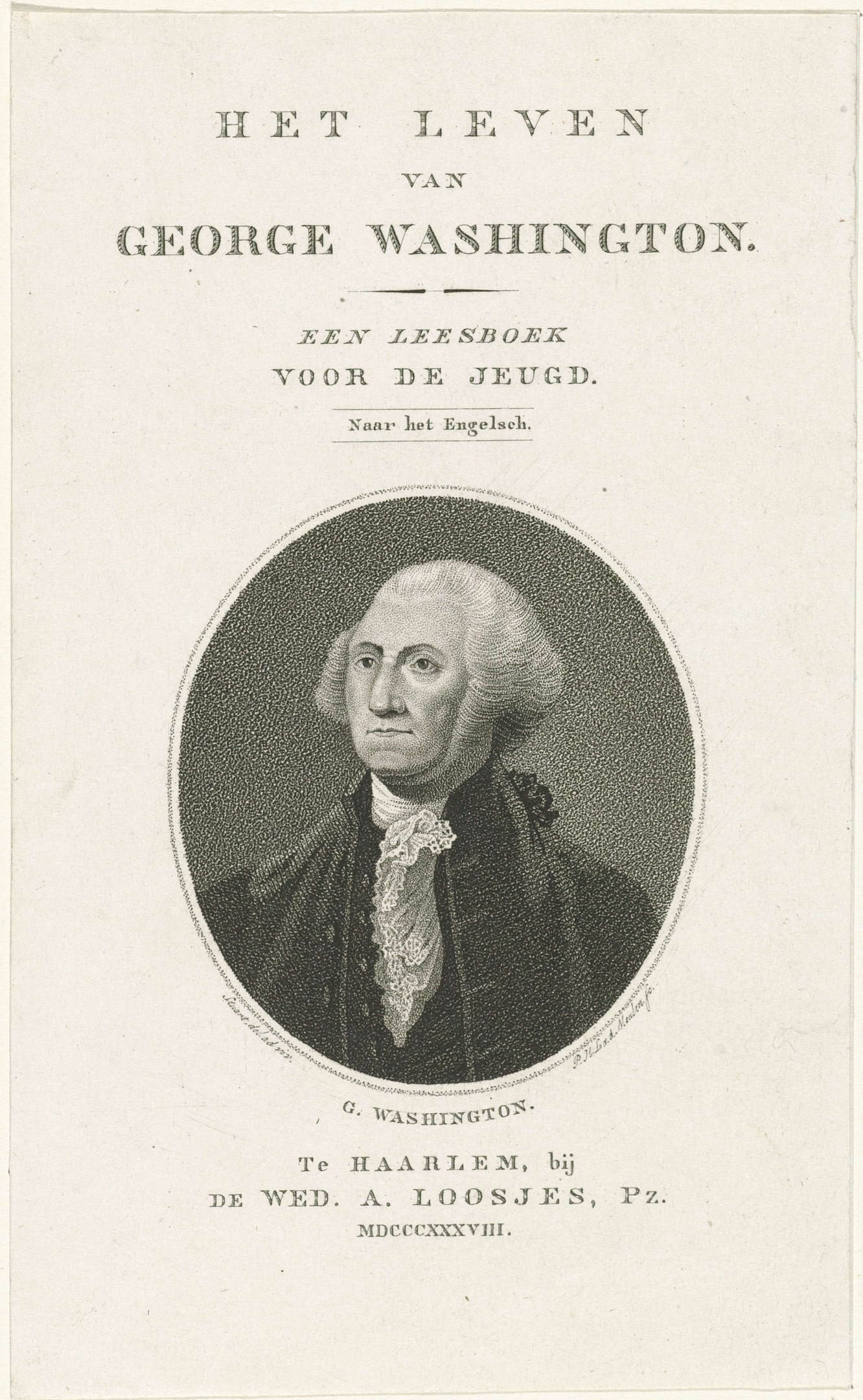 Porträt von George Washington auf Papier mit Text, der nach vorne schaut und einen ernsten Ausdruck hat, bekleidet mit Anzug und Krawatte, zurückgekämmtes Haar sichtbar.