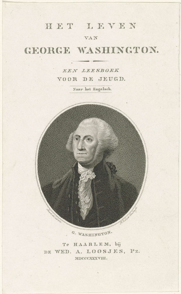 Porträt von George Washington auf Papier mit Text, der nach vorne schaut und einen ernsten Ausdruck hat, bekleidet mit Anzug und Krawatte, zurückgekämmtes Haar sichtbar.