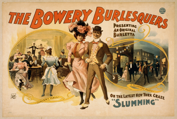 Plakat für "The Bowery Burlesquers" mit einer Gruppe von Tänzerinnen und Tänzern vor Gebäuden und Ereignisinformationen.