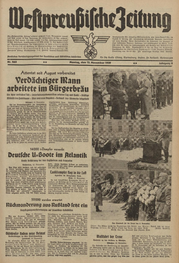 Schwarze-Weiß-Titelseite einer deutschen Zeitung vom 13. November 1939, betitelt "Weitpreubliche Zeitung", mit einer Gruppe von Menschen in traditioneller deutscher Tracht in einer feierlichen Szenerie.