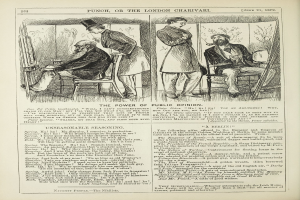 Ein altes Buchcover mit einem Mann in einem Anzug sitzend in einem Stuhl mit ernstem Gesichtsausdruck und einer Frau daneben stehend, die nachdenklich aussieht, mit der Überschrift "Die Macht der öffentlichen Meinung" auf der Seite.