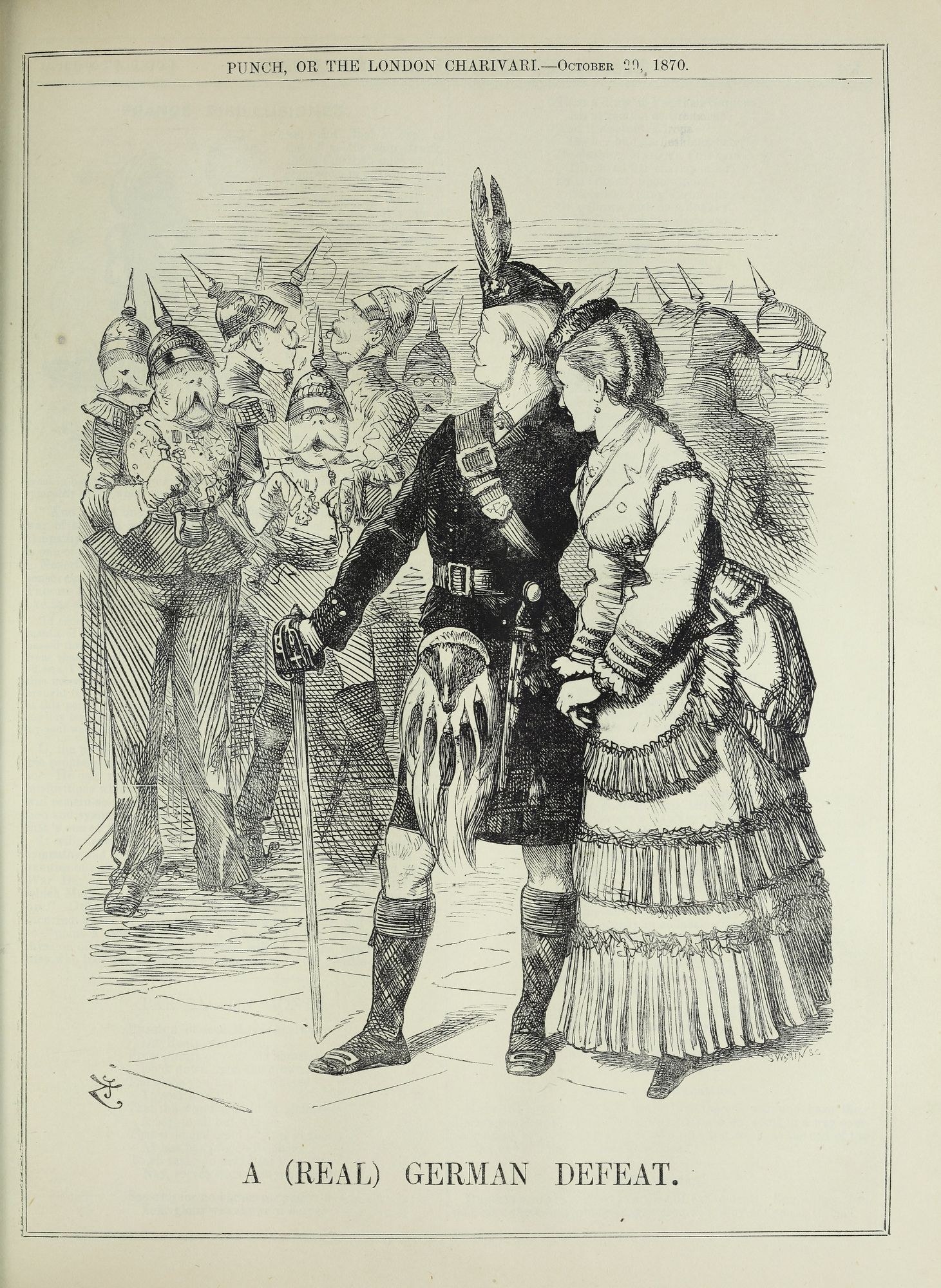 Mann und Frau auf einem Papier mit deutschem Text und Zahlen, Mann hält einen Stock, vor einer Menge.