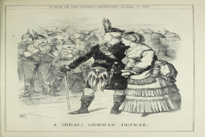 Mann und Frau auf einem Papier mit deutschem Text und Zahlen, Mann hält einen Stock, vor einer Menge.