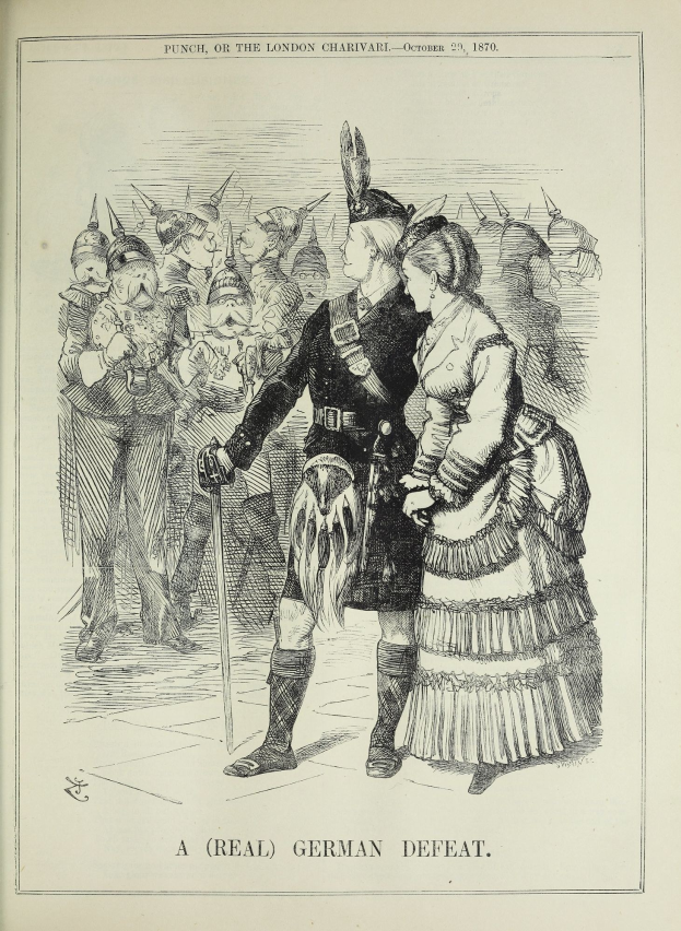 Mann und Frau auf einem Papier mit deutschem Text und Zahlen, Mann hält einen Stock, vor einer Menge.