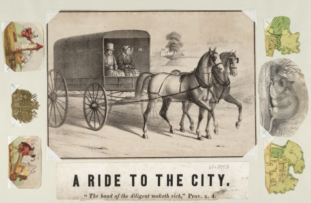 Kutschfahrt mit zwei Passagieren, umgeben von Bäumen, mit "Eine Fahrt in die Stadt"-Text unten.