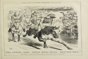 Buchumschlag mit einer braunen Stute mit einer weißen Blesse, schwarzer Mähne und Schweif sowie einem Jockey in einem blauen und weißen gestreiften Hemd mit einer roten Mütze; Text lautet "Derby, 1867, Sieg mit Reform Bill".