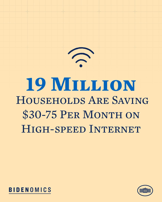 Plakat mit der Aufschrift "19 Millionen Haushalte sparen monatlich 30-75 USD bei High-Speed-Internet" und Logo.