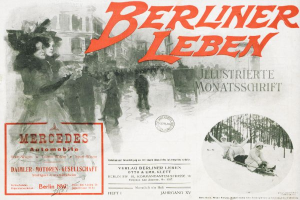 Eine Werbung für einen Mercedes-Benz in Berlin, Deutschland, mit einer Gruppe von Menschen, Bäumen, Gebäuden, Text und einem Stempel.