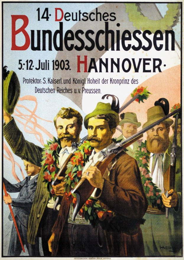 Deutsches Propagandaplakat aus dem Zweiten Weltkrieg, das eine Gruppe von Menschen in Girlanden mit Gewehren zeigt, mit Text oben und unten.