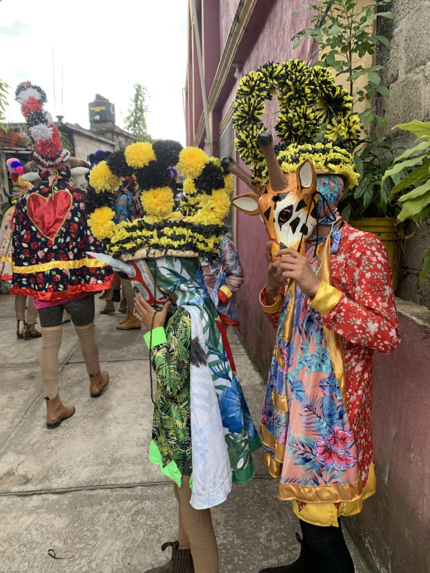 Eine Gruppe von Menschen in bunten Kostümen steht zusammen für einen Faschingsumzug, haltend verschiedene Gegenstände vor einem Gebäude mit Bäumen und einem klaren blauen Himmel im Hintergrund.