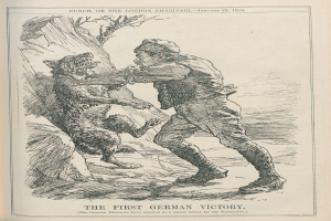 Ein aufgeschlagenes Buch mit einer Zeichnung eines Mannes mit Hut und einem Hund neben ihm, mit der Aufschrift "Der erste deutsche Sieg" auf der Seite.