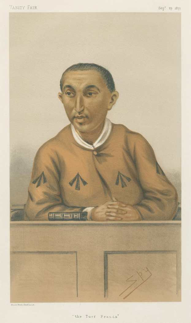 Ein Mann in einem weißen Hemd und dunklen Hosen sitzt an einem Tisch und schaut ernst, mit der Aufschrift "Die Rasenbetrüger" unten.