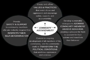 Ein Diagramm mit der Überschrift "Gemeinschaftliche Rechenschaftspflicht" mit einem zentralen Kreis, umgeben von drei miteinander verbundenen Kreisen, alle in fetter Schrift und leuchtenden Farben.