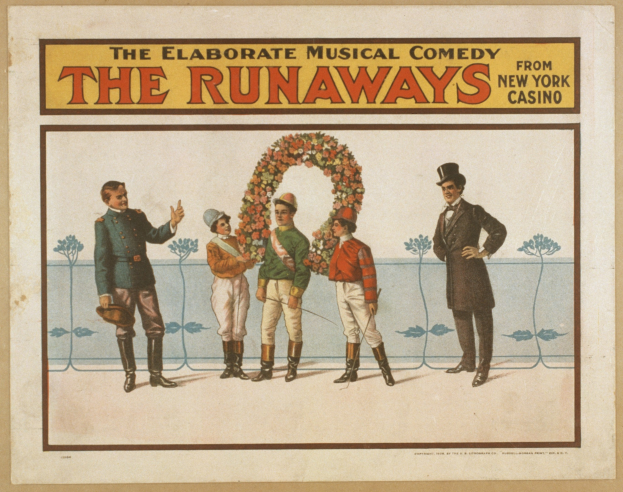 Plakat für "Elaborate Musical Comedy Runaways" aus dem New Yorker Casino, das eine Reihe von Menschen mit einer zentralen Figur zeigt, die einen Blumenstrauß hält und Text, der die Show beschreibt.
