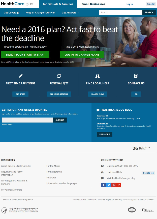 Health Care Gov-Webseite mit einer Gruppe von Menschen, die um einen Tisch sitzen und Gläser und andere Gegenstände auf dem Tisch haben, mit dem Webseitentitel und Informationen.