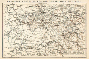 Ausführliche alte Karte des rheinisch-westfälischen Kohle- und Industriegebiets mit Text oben und unten, die Flüsse, Berge und Städte zeigt.