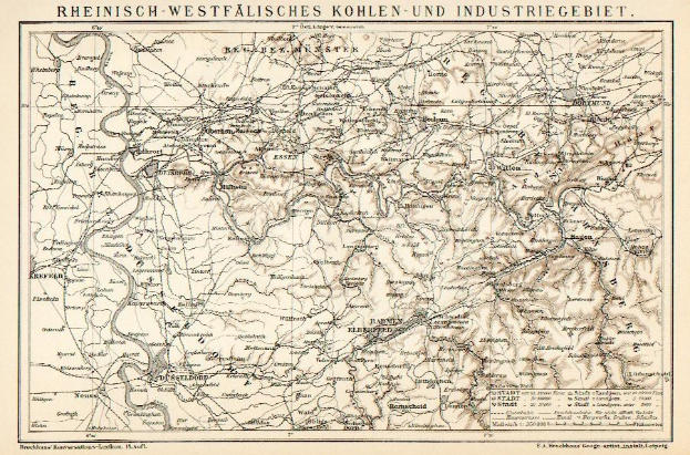 Ausführliche alte Karte des rheinisch-westfälischen Kohle- und Industriegebiets mit Text oben und unten, die Flüsse, Berge und Städte zeigt.
