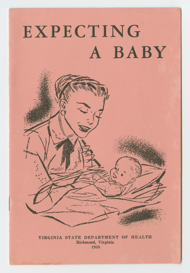 Ein Buchumschlag mit einer Frau mit warmem Ausdruck, die ein zufriedenes Baby hält, mit der Überschrift "Erwarten ein Baby".