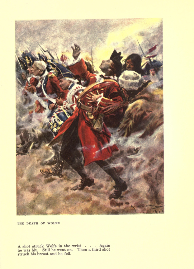 Ein Plakat mit der Aufschrift "Der Tod von Wolfe", das eine Gruppe besorgter Menschen in gedämpften Farben zeigt, einige schauen ängstlich nach oben und andere traurig nach unten.