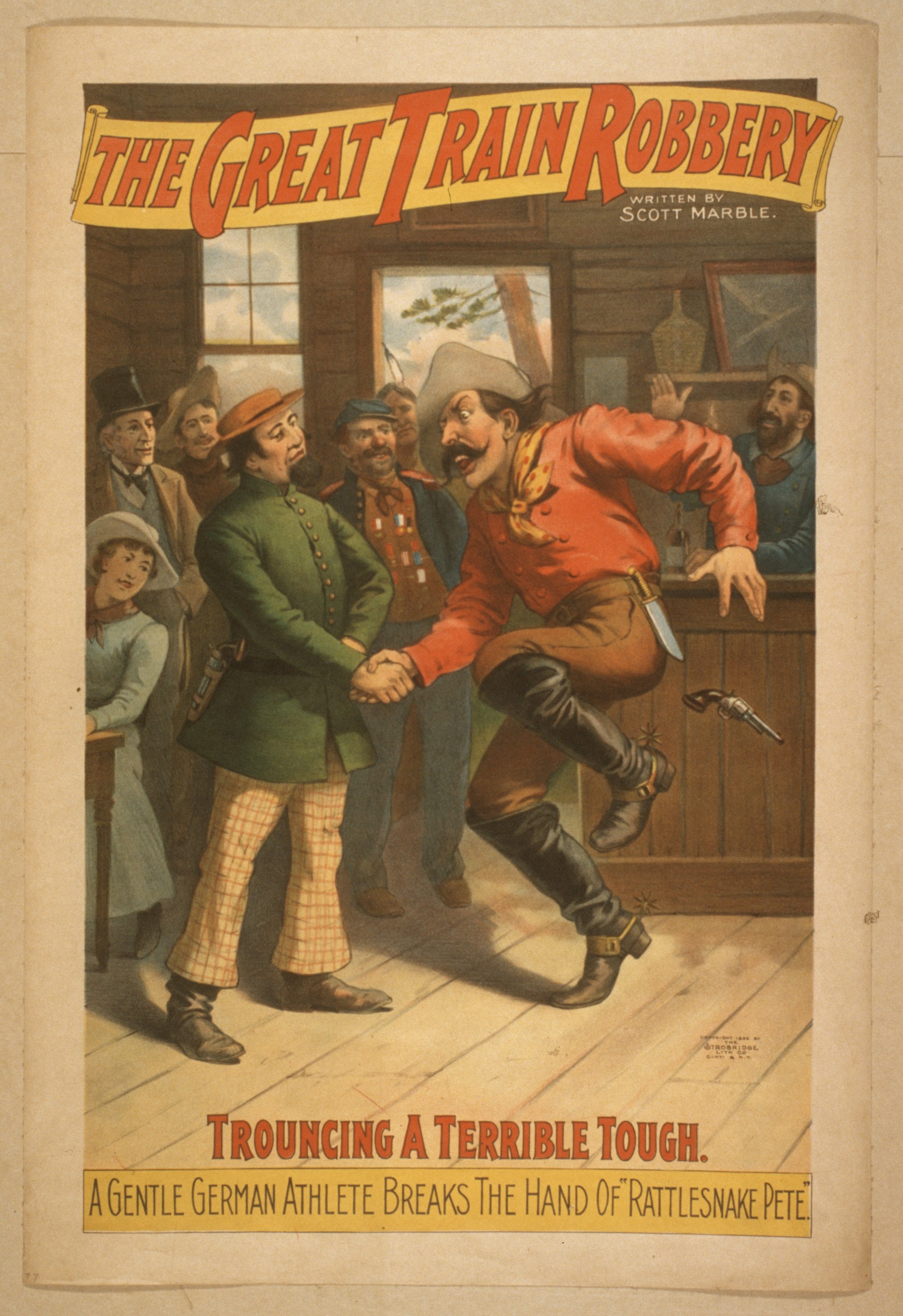 Ein Plakat, das eine Gruppe von Menschen auf einem Boden zeigt, einer hält eine Waffe, mit Text oben und unten "Der große Zugraub - Trouching ein Schreckliches Tough".