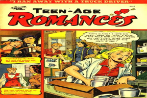 Ein Plakat mit der Aufschrift 'Teen-Age Romances 23-A von DC', das eine Gruppe von Menschen in einer romantischen Umarmung zeigt, mit leuchtenden Farben und fetter Schrift.