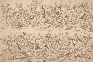 Eine Zeichnung einer chaotischen Szene mit einer Gruppe von Menschen, die laufen und springen, mit Text am unteren Rand des Papiers.