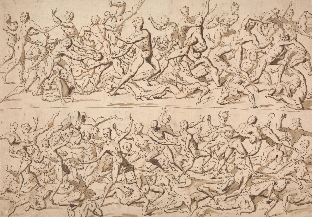 Eine Zeichnung einer chaotischen Szene mit einer Gruppe von Menschen, die laufen und springen, mit Text am unteren Rand des Papiers.