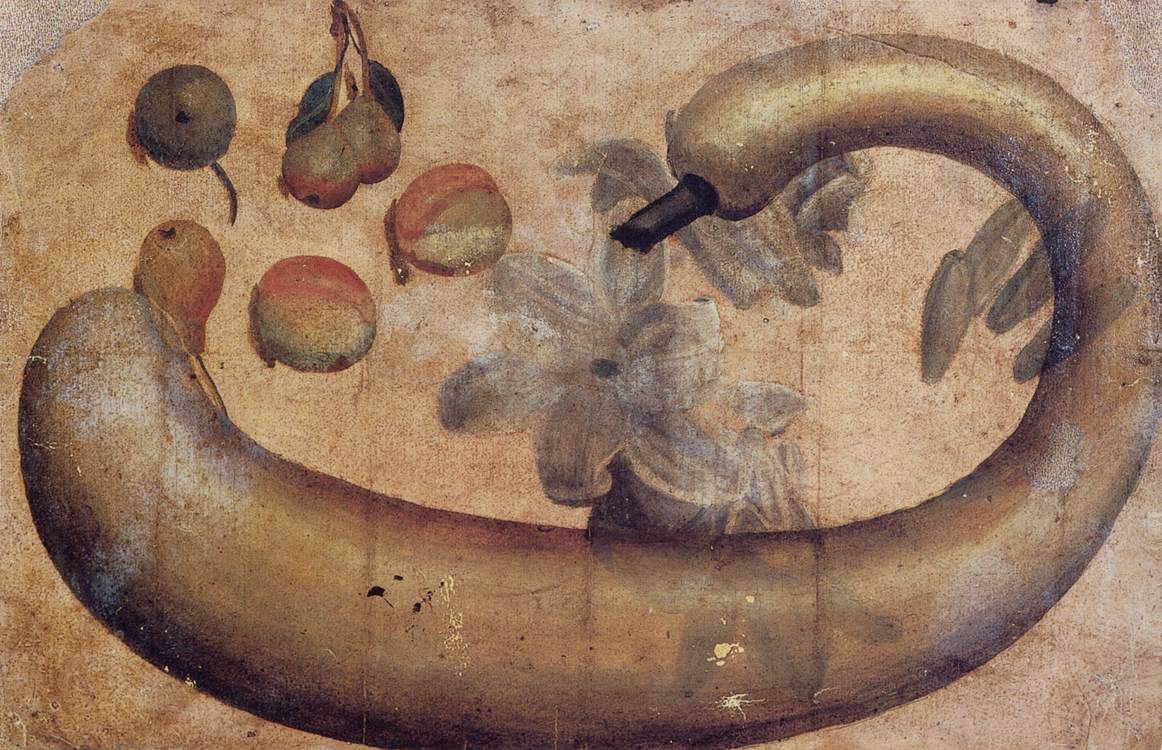 Gemälde einer Banane mit einer Blume darauf, umgeben von verschiedenen Früht und Blättern, auf einem Papier mit leuchtenden Farben und klaren Details.