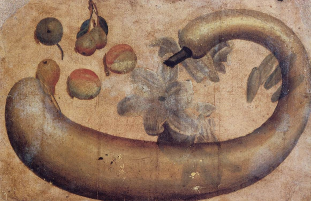 Gemälde einer Banane mit einer Blume darauf, umgeben von verschiedenen Früht und Blättern, auf einem Papier mit leuchtenden Farben und klaren Details.