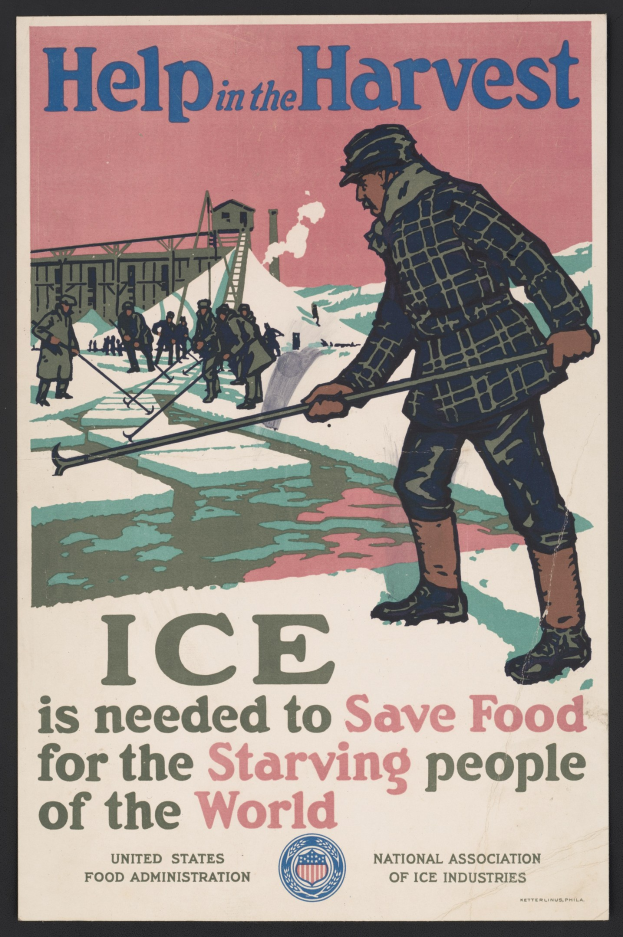 Plakat mit einer Person in einem weißen Hemd und blauen Jeans, die in einem verschneiten Feld unter einem hellblauen Himmel steht, mit dem Text "Hilfe bei der Ernte - Eis wird benötigt, um Lebensmittel für die hungernden Menschen der Welt zu retten" darum herum in fetter schwarzer Schrift.