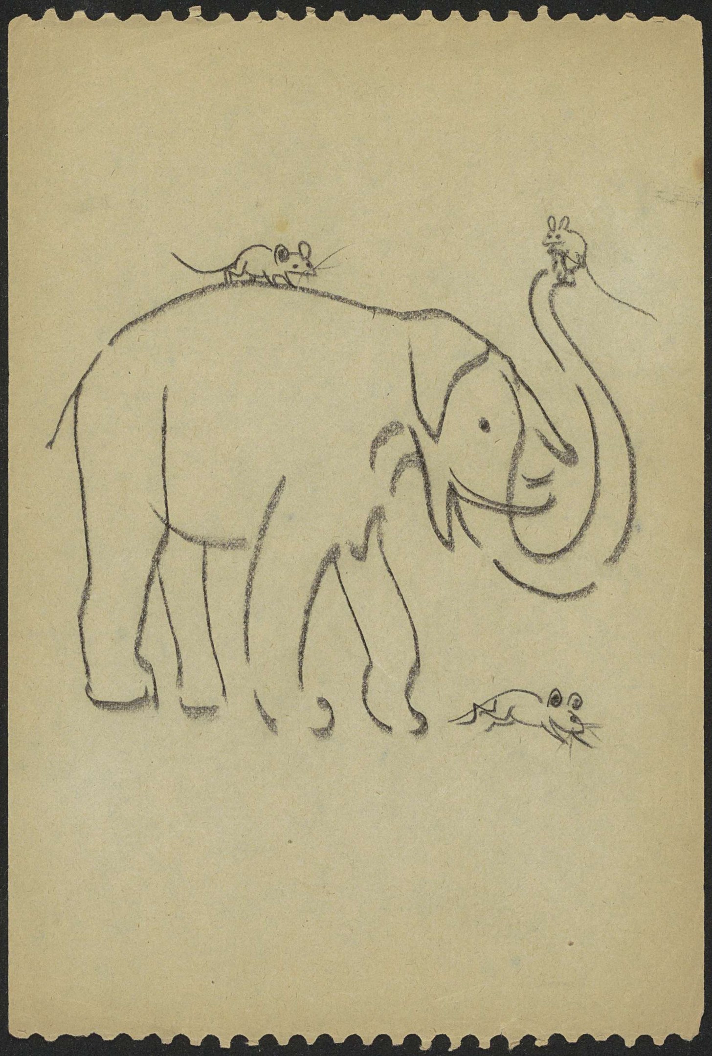 Eine Zeichnung eines aufrecht stehenden Elefanten mit erhobenem Rüssel, der eine Maus auf seinem Rücken trägt, beide mit friedlichen Gesichtern.