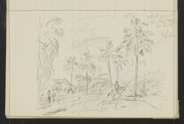 Ein offenes Skizzenbuch, das eine Zeichnung einer Gruppe von Menschen zeigt, die in einem üppigen, grünen Dschungel mit hohen Bäumen, einem tiefblauen Himmel mit vereinzelten weißen Wolken und einer strahlenden Sonne stehen.