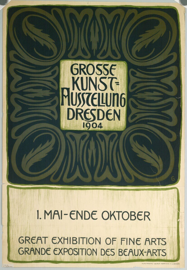 Plakat für die Große Kunstausstellung an der Grand Exposition des Beaux-Arts in Dresden, Deutschland, 1904, mit markanter Textwerbung.