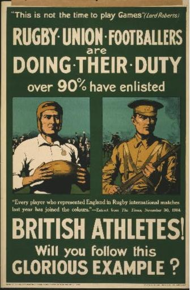 Plakat mit zwei Rugbyspielern in Uniform mit Text über britische Athleten und ihre Pflichten.