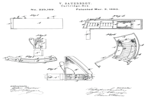 Ein detailliertes technisches Konstruktionsbild einer Maschine mit zahlreichen beschrifteten Komponenten, darunter eine Patronenbox-Patentzeichnung aus dem Jahr 1880, begleitet von erklärendem Text.