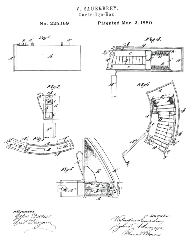 Ein detailliertes technisches Konstruktionsbild einer Maschine mit zahlreichen beschrifteten Komponenten, darunter eine Patronenbox-Patentzeichnung aus dem Jahr 1880, begleitet von erklärendem Text.