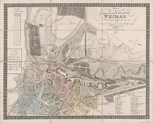 Detailierte alte Karte von Weimar, Deutschland, zeigt Straßen, Gebäude und Sehenswürdigkeiten mit zusätzlichem Text über Bevölkerung und bemerkenswerte Merkmale.