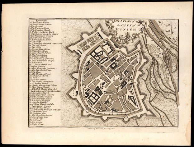 Ein detaillierter alter Stadtplan von München, Deutschland, auf einem schwarzen Hintergrund, der Straßen, Gebäude und Sehenswürdigkeiten mit beschrifteten Text zeigt.