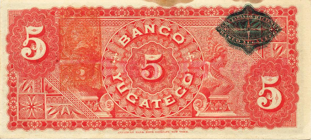 Eine rote und schwarze Fünf-Banknoten von der American Bank of New York mit einem Porträt eines Mannes und einem Nennwert von 5 Yucatec.